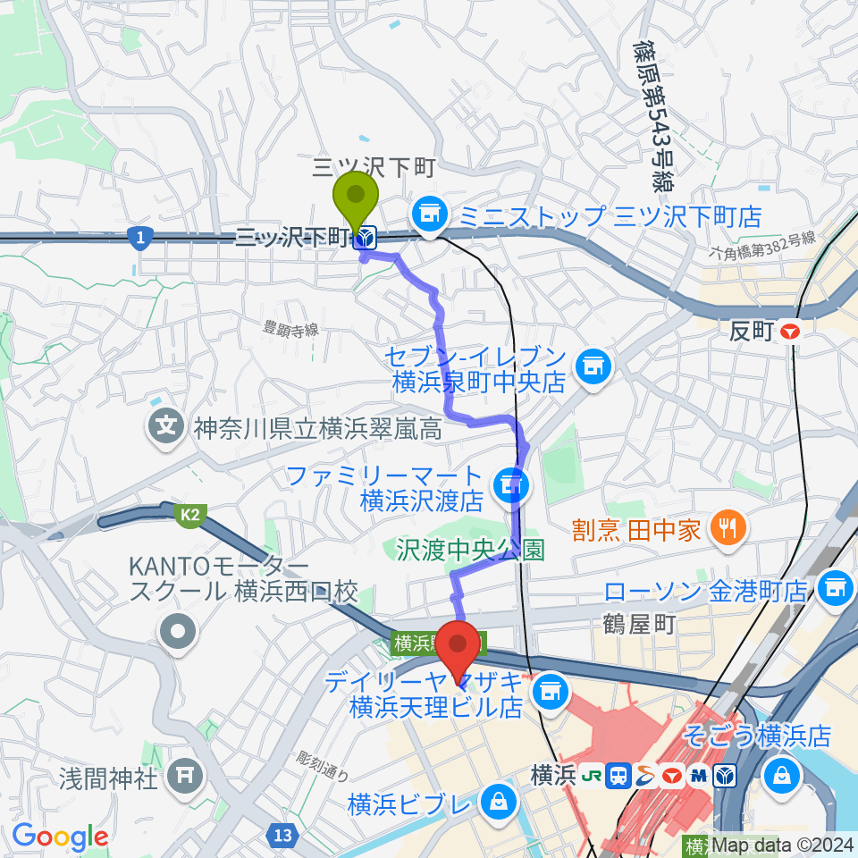 三ツ沢下町駅から横浜ジャムラボへのルートマップ地図