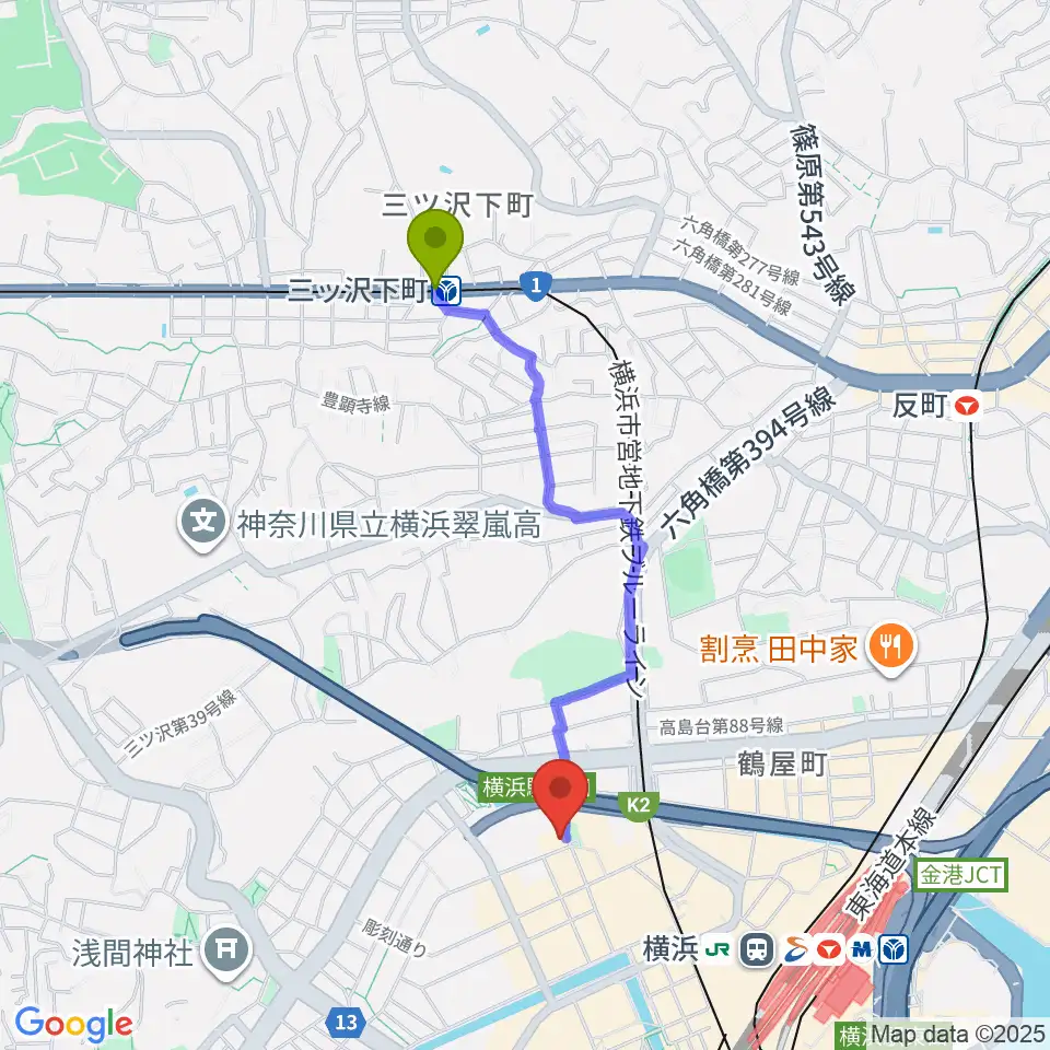 三ツ沢下町駅から横浜ジャムラボへのルートマップ地図