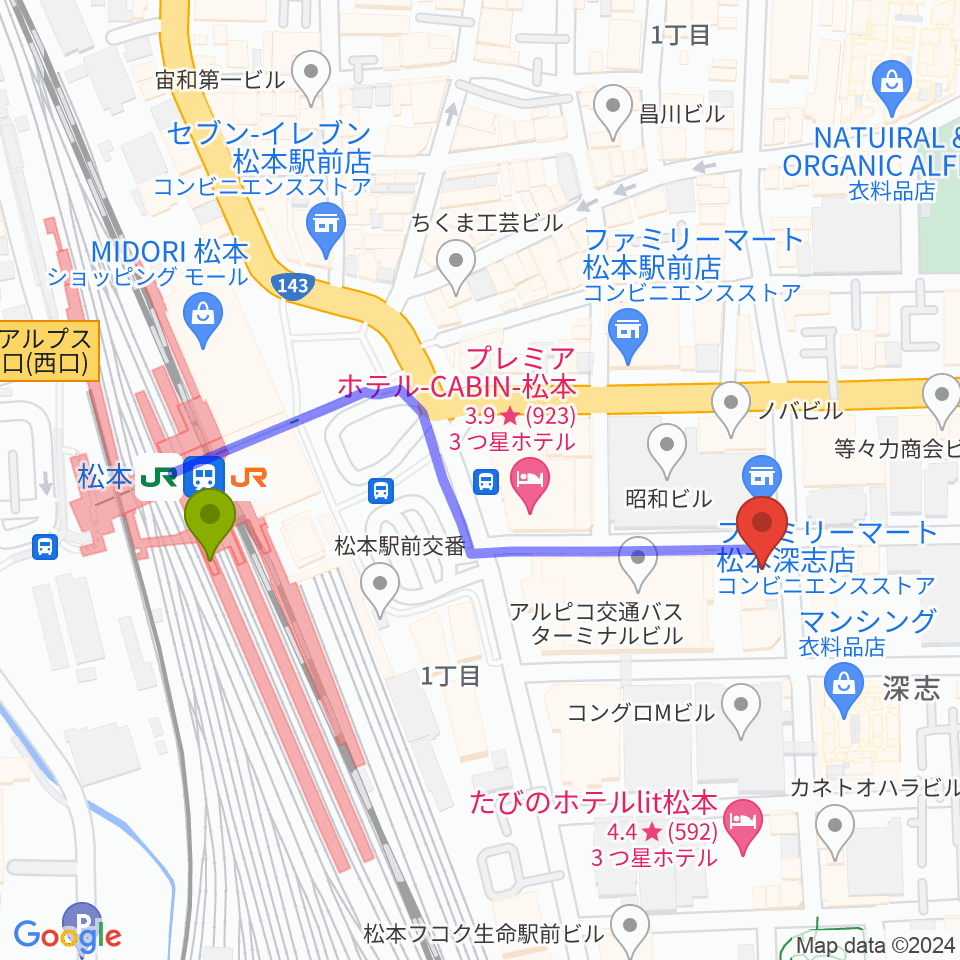 松本MOLE HALLの最寄駅松本駅からの徒歩ルート（約4分）地図