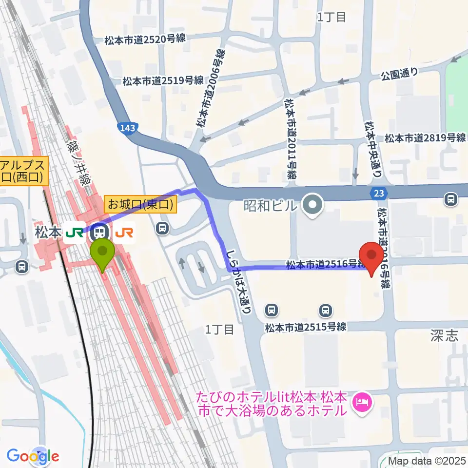 松本MOLE HALLの最寄駅松本駅からの徒歩ルート（約4分）地図