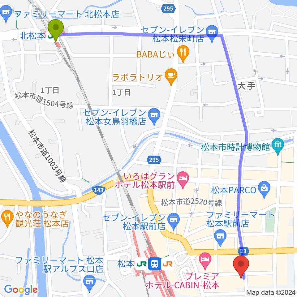 北松本駅から松本MOLE HALLへのルートマップ地図