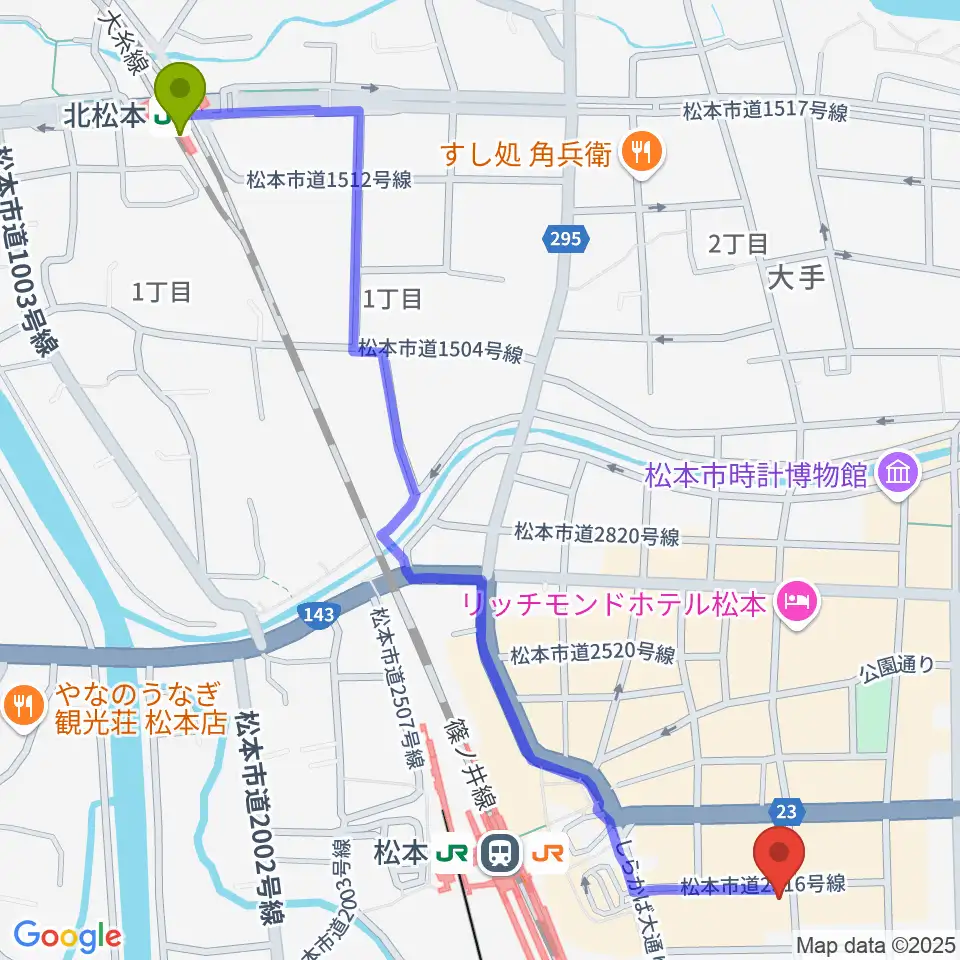 北松本駅から松本MOLE HALLへのルートマップ地図