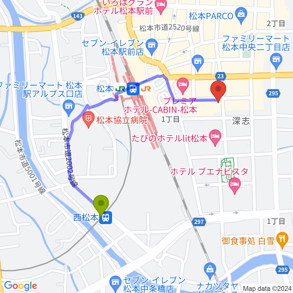 西松本駅から松本MOLE HALLへのルートマップ地図