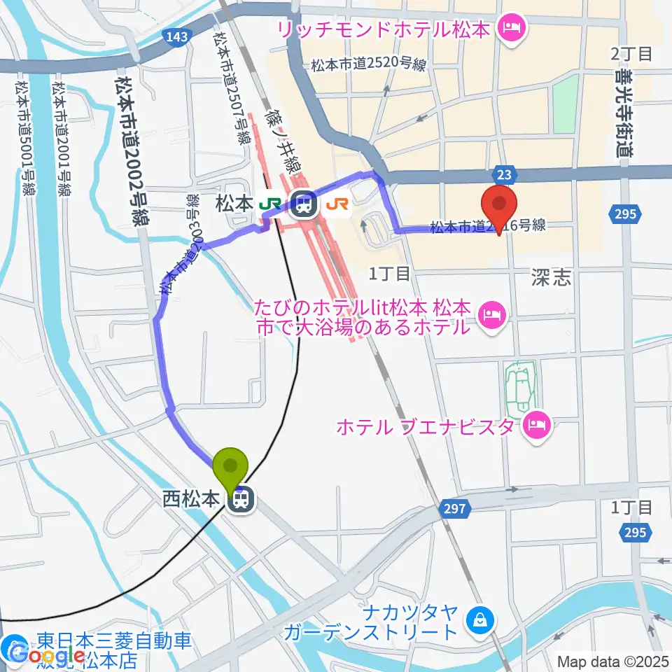西松本駅から松本MOLE HALLへのルートマップ地図