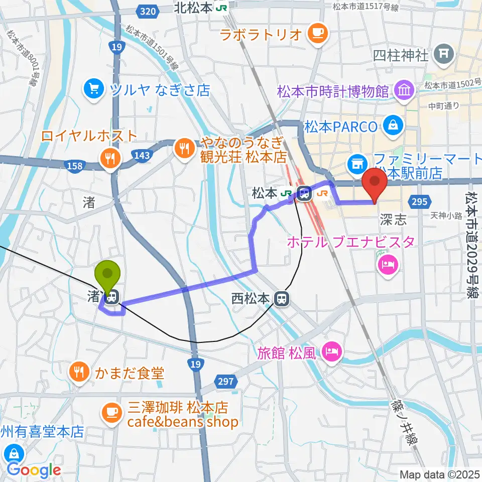 渚駅から松本MOLE HALLへのルートマップ地図