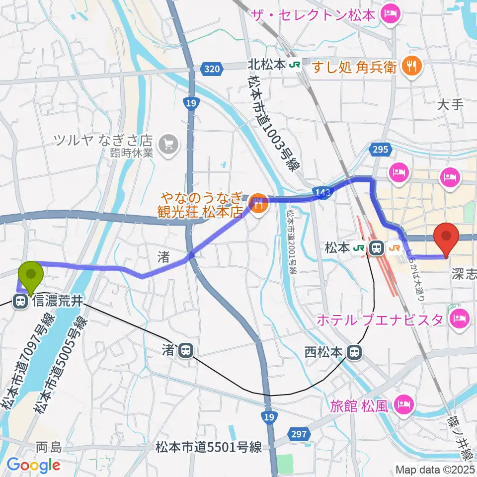 信濃荒井駅から松本MOLE HALLへのルートマップ地図