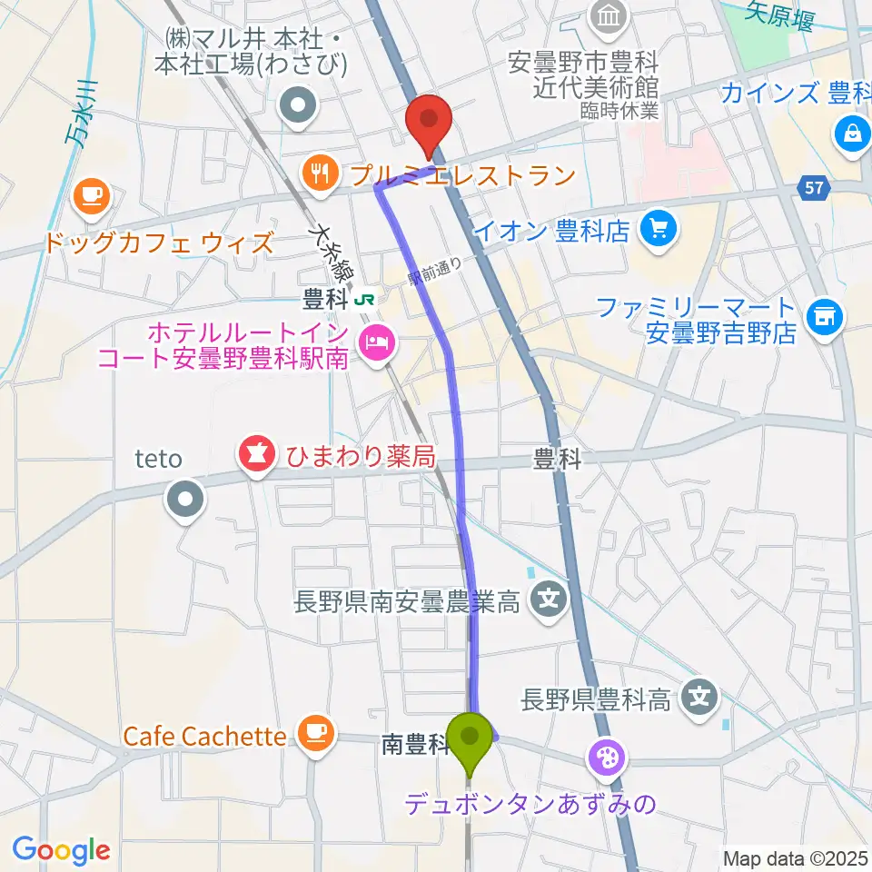 南豊科駅からサウンドバーリュークへのルートマップ地図