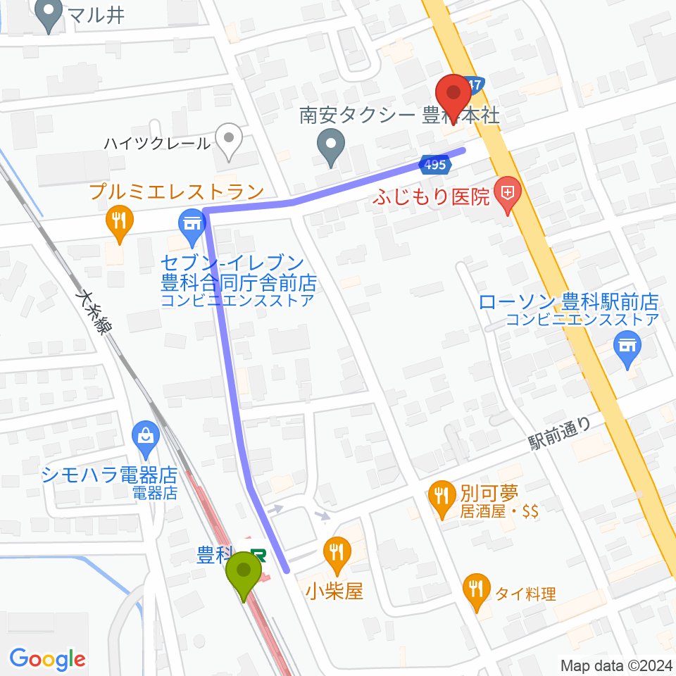 サウンドバーリュークの最寄駅豊科駅からの徒歩ルート（約6分）地図