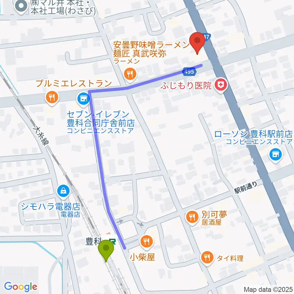 サウンドバーリュークの最寄駅豊科駅からの徒歩ルート（約6分）地図