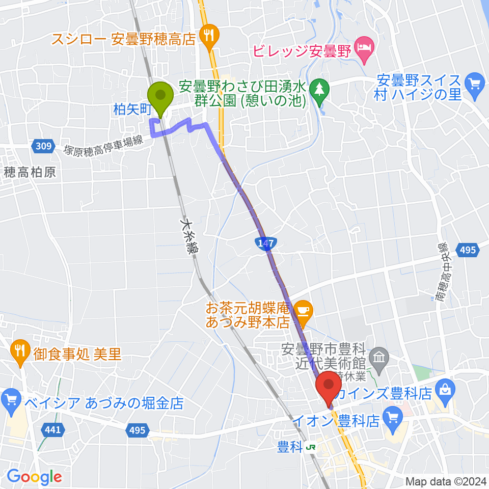 柏矢町駅からサウンドバーリュークへのルートマップ地図