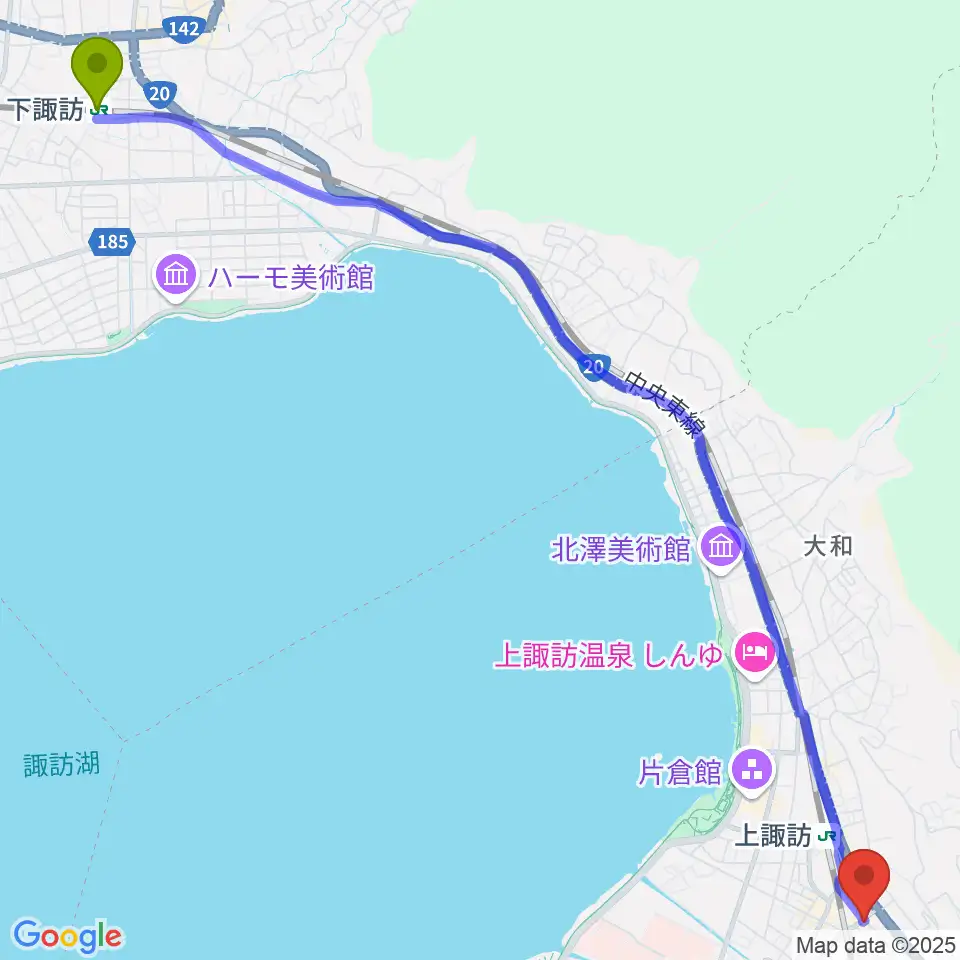 下諏訪駅から上諏訪クラブロックハーツへのルートマップ地図