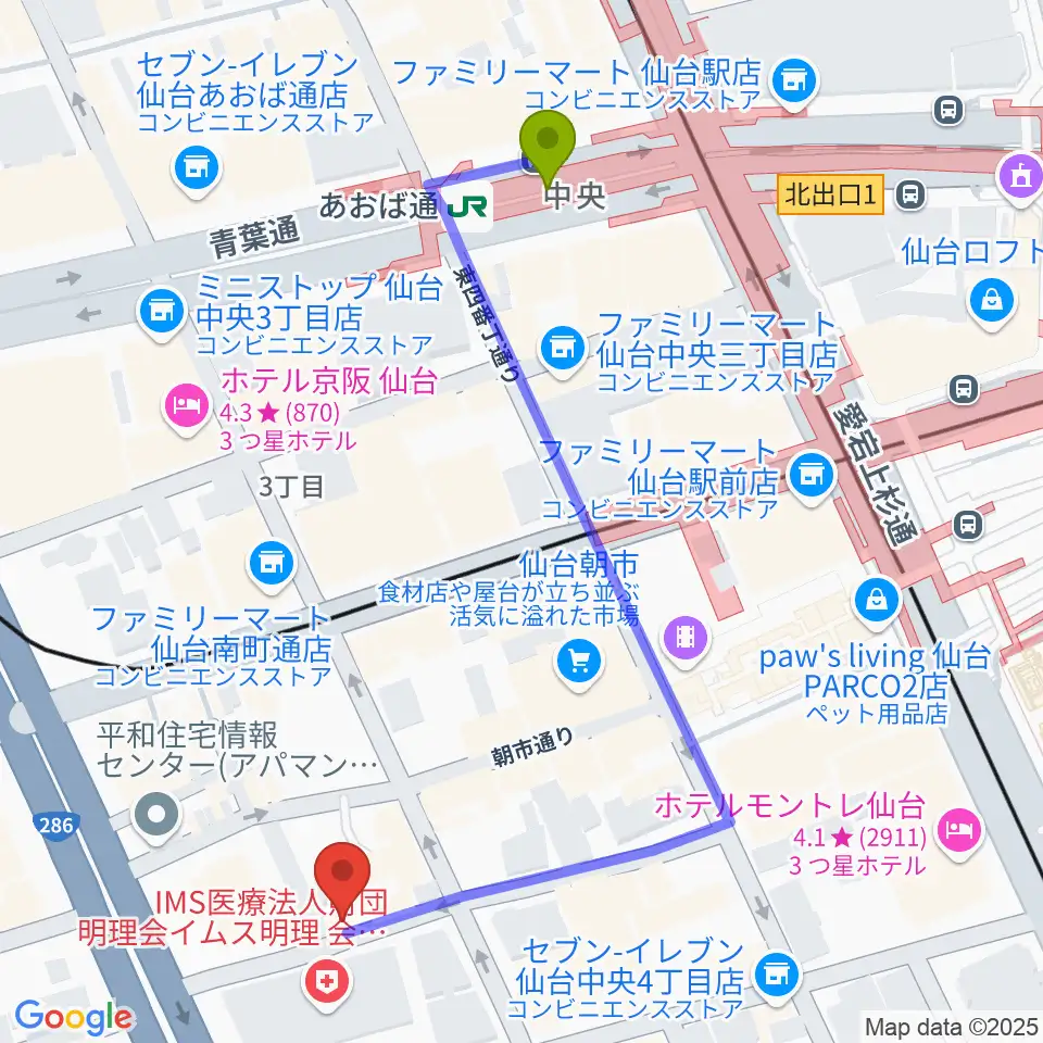 仙台中央音楽センター 音楽教室の最寄駅あおば通駅からの徒歩ルート（約5分）地図