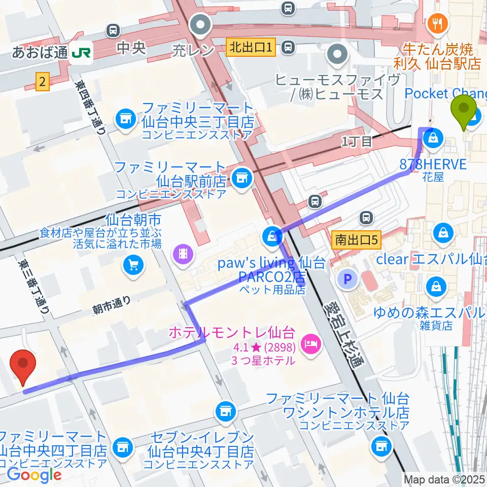 仙台駅から仙台中央音楽センター 音楽教室へのルートマップ地図