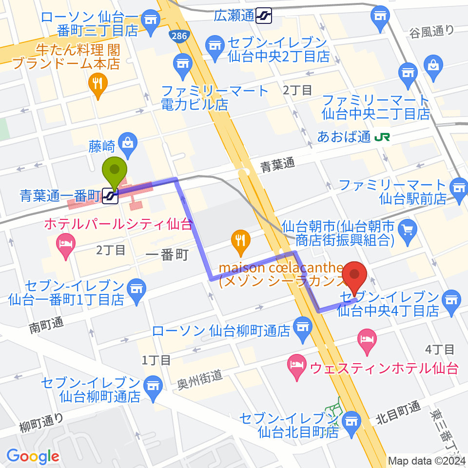 青葉通一番町駅から仙台中央音楽センター 音楽教室へのルートマップ地図