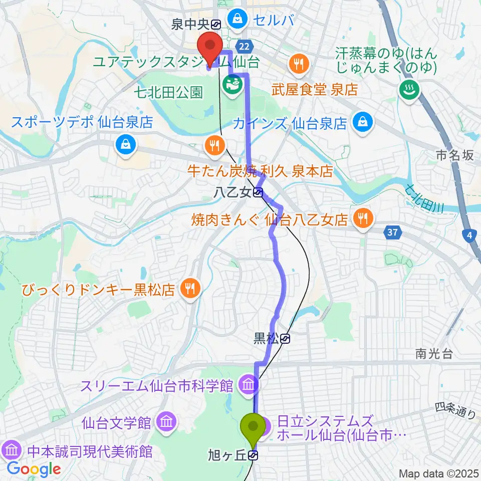 旭ヶ丘駅からアライミュージックアカデミートゥッティへのルートマップ地図