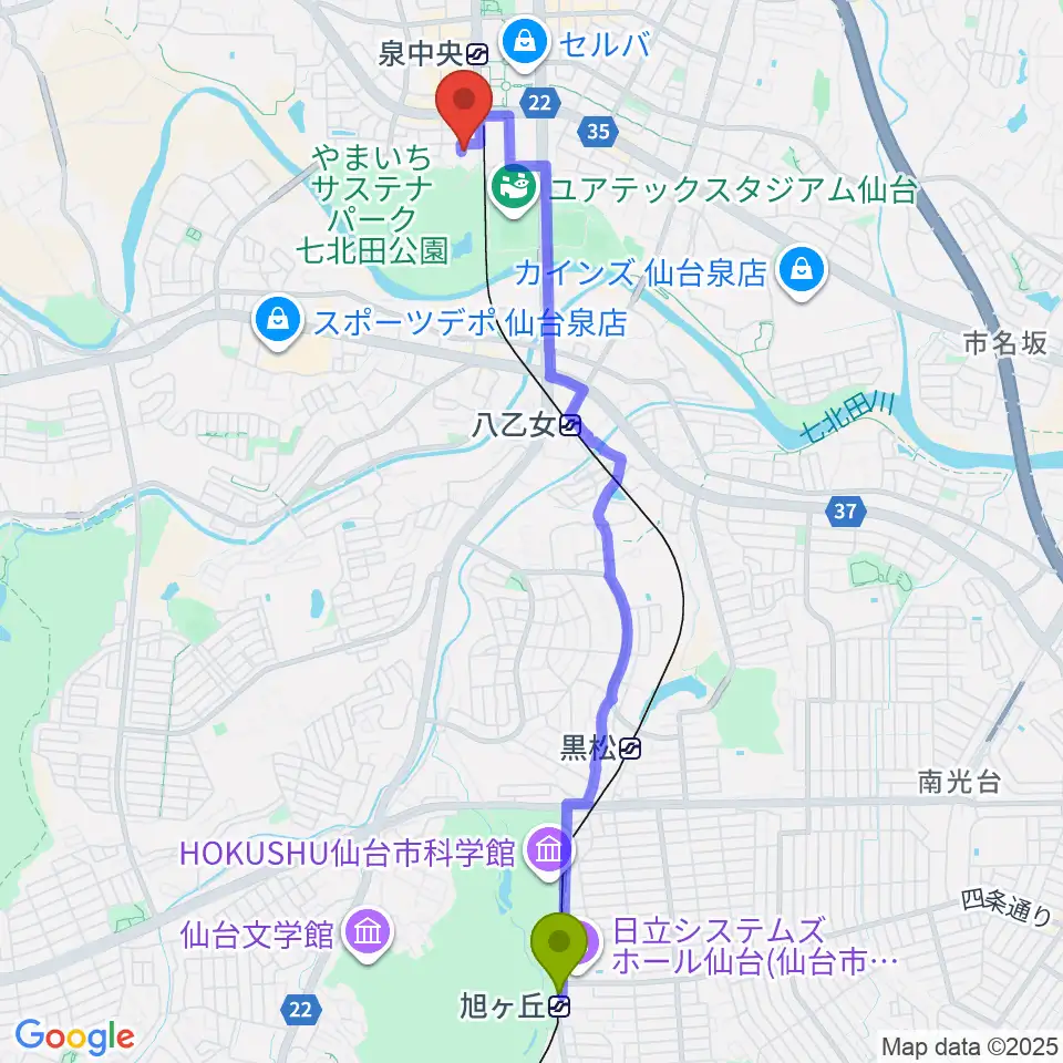 旭ヶ丘駅からアライミュージックアカデミートゥッティへのルートマップ地図