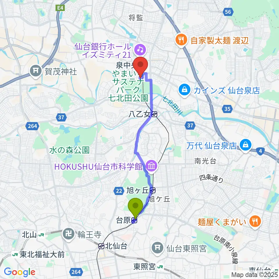 台原駅からアライミュージックアカデミートゥッティへのルートマップ地図