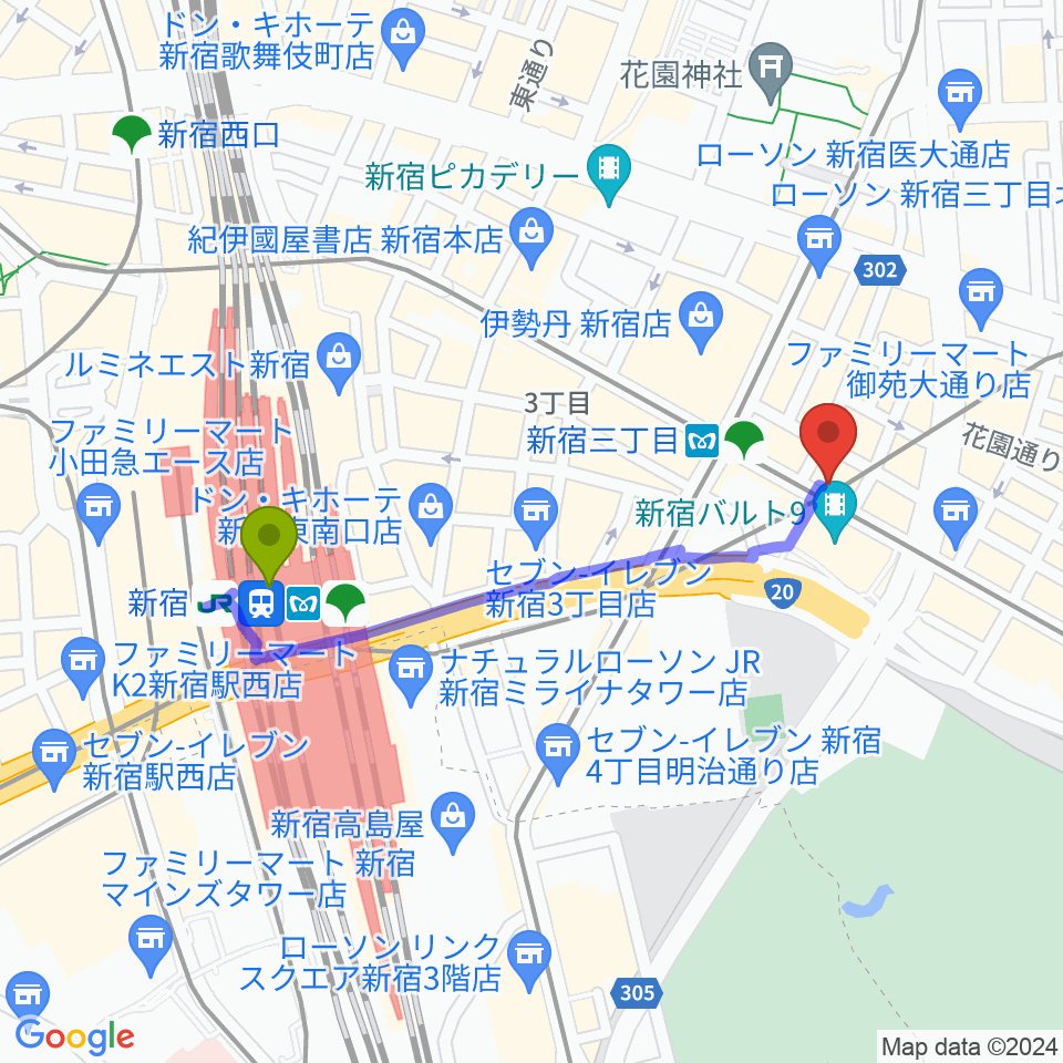 新宿駅からイシバシ楽器 新宿店へのルートマップ地図