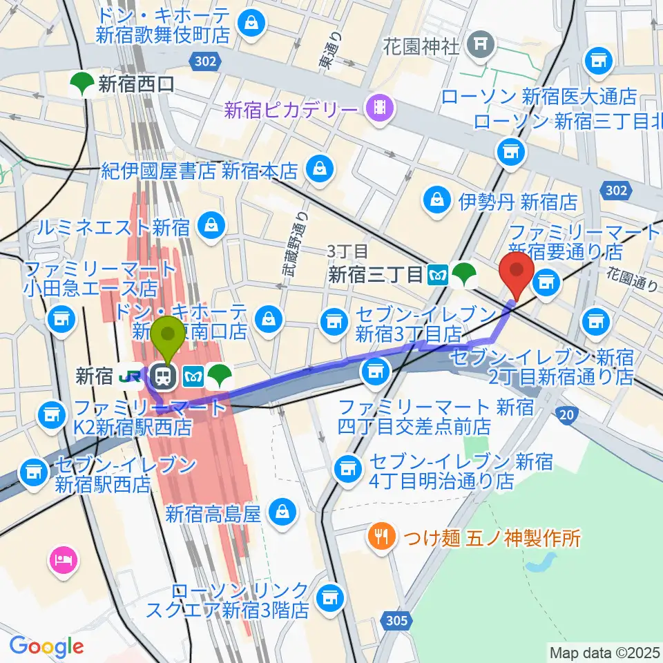 新宿駅からイシバシ楽器 新宿店へのルートマップ地図