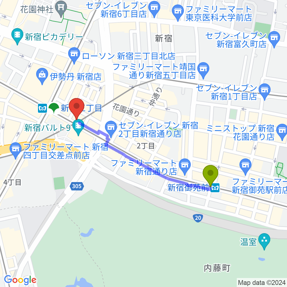 新宿御苑前駅からイシバシ楽器 新宿店へのルートマップ地図