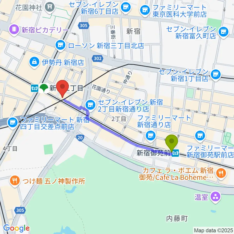 新宿御苑前駅からイシバシ楽器 新宿店へのルートマップ地図