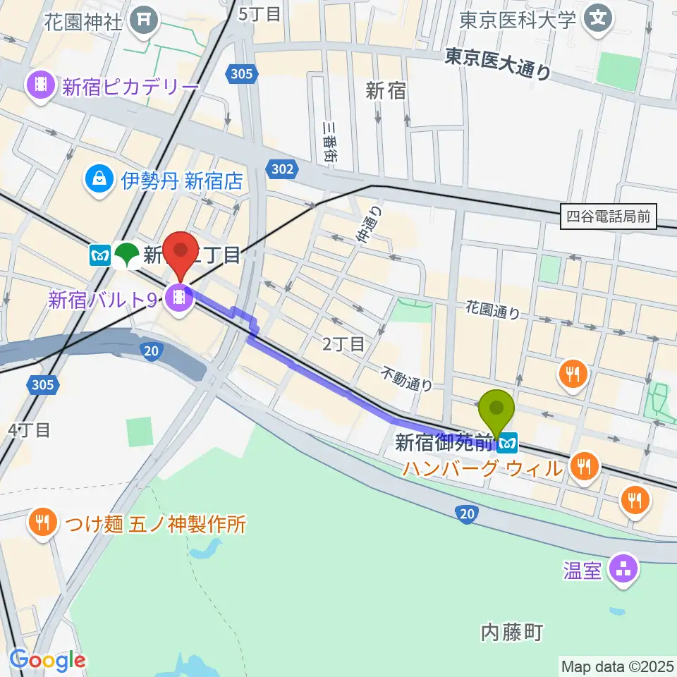 新宿御苑前駅からイシバシ楽器 新宿店へのルートマップ地図