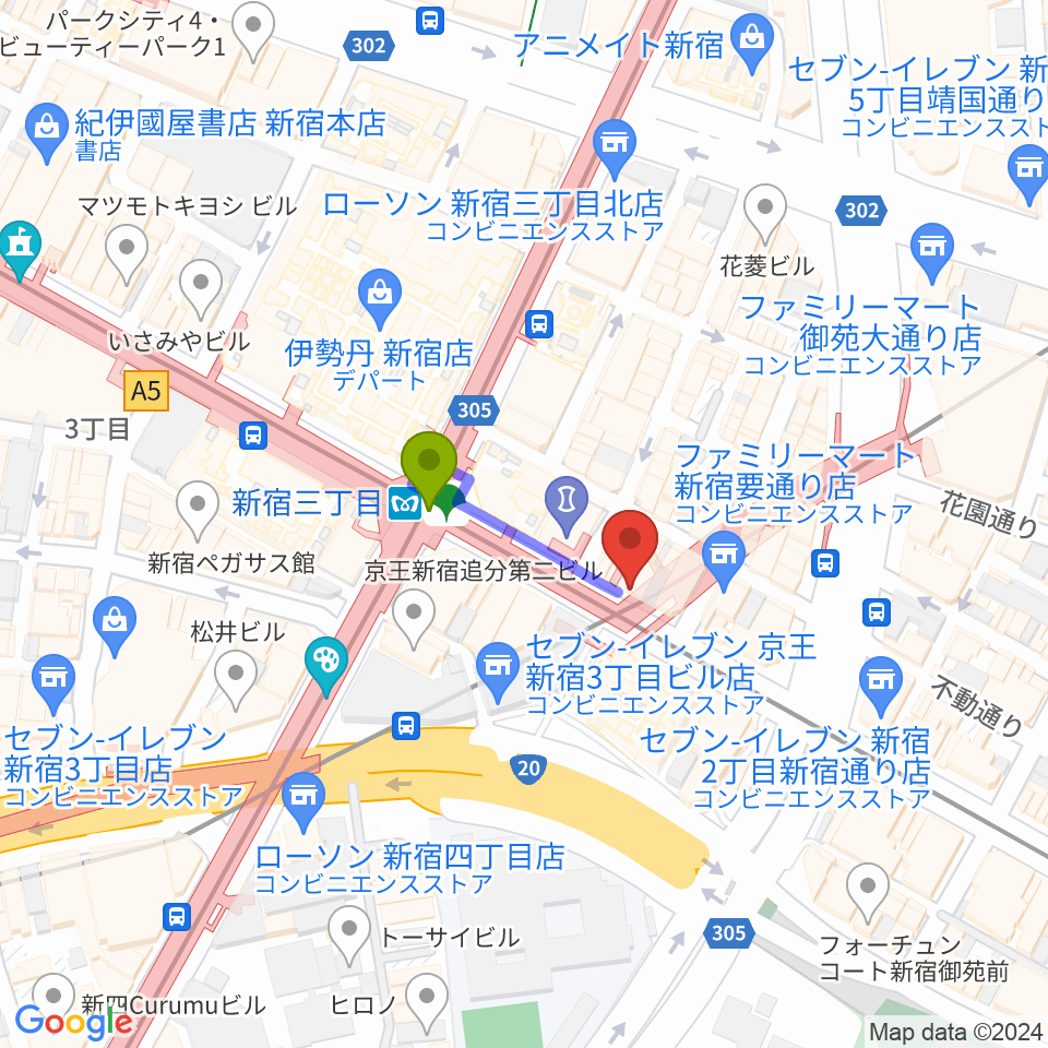 イシバシ楽器 新宿店の最寄駅新宿三丁目駅からの徒歩ルート（約2分）地図