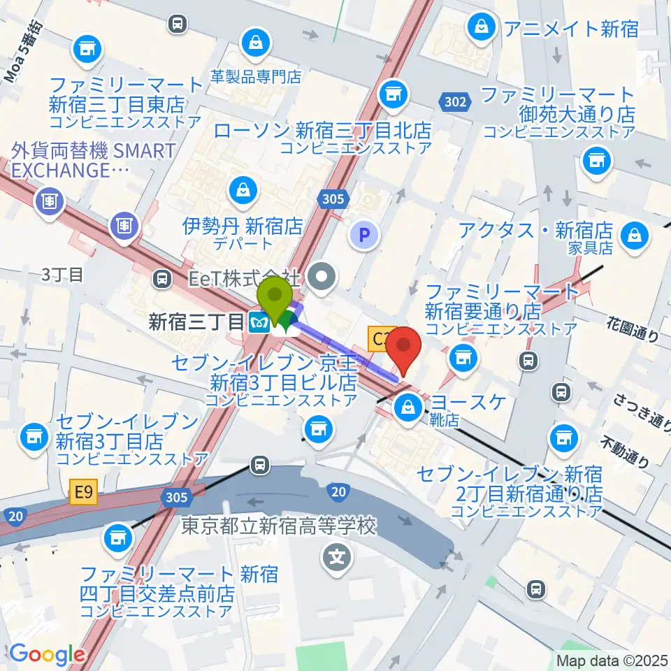 イシバシ楽器 新宿店の最寄駅新宿三丁目駅からの徒歩ルート（約2分）地図