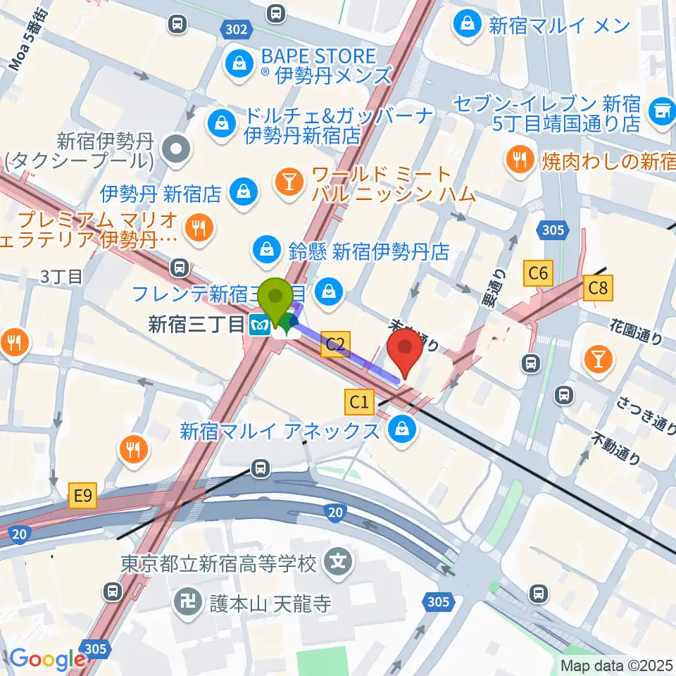 イシバシ楽器 新宿店の最寄駅新宿三丁目駅からの徒歩ルート（約2分）地図