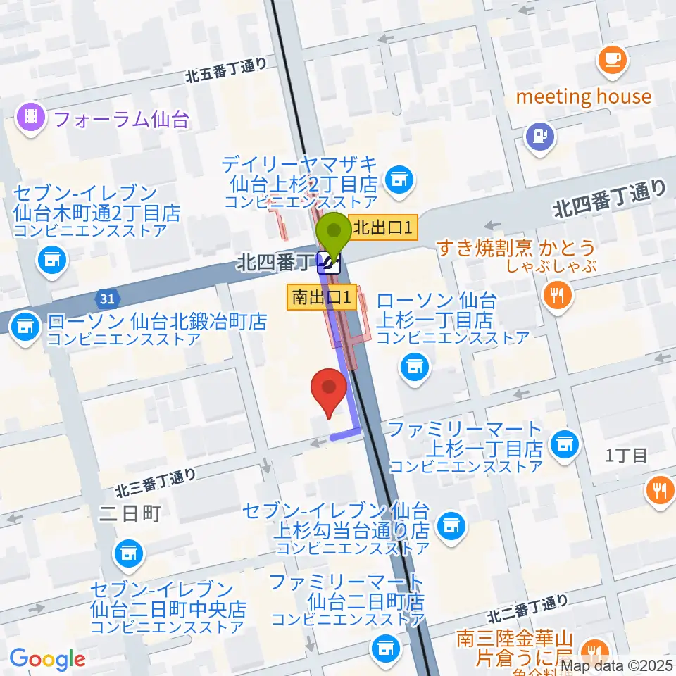 仙台ミュージックプラザ音楽教室の最寄駅北四番丁駅からの徒歩ルート（約2分）地図