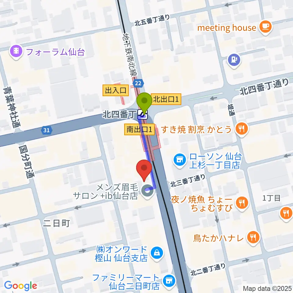 仙台ミュージックプラザの最寄駅北四番丁駅からの徒歩ルート（約2分）地図
