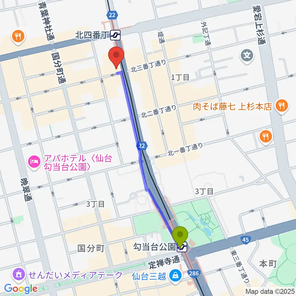 勾当台公園駅から仙台ミュージックプラザへのルートマップ地図