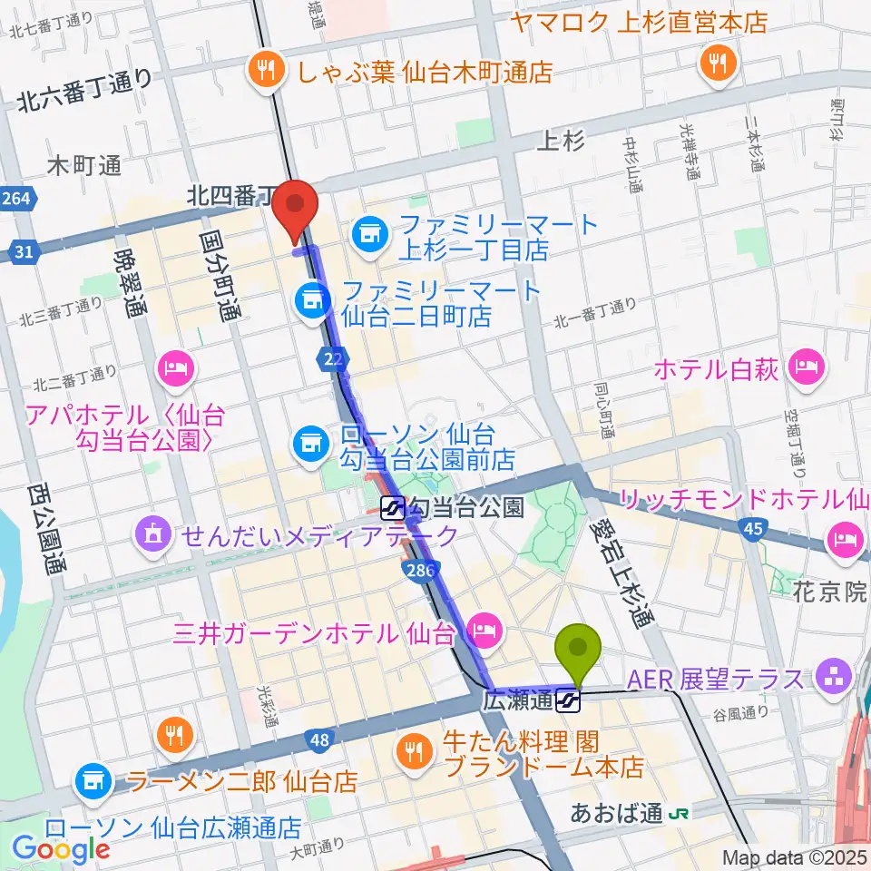 広瀬通駅から仙台ミュージックプラザ音楽教室へのルートマップ地図