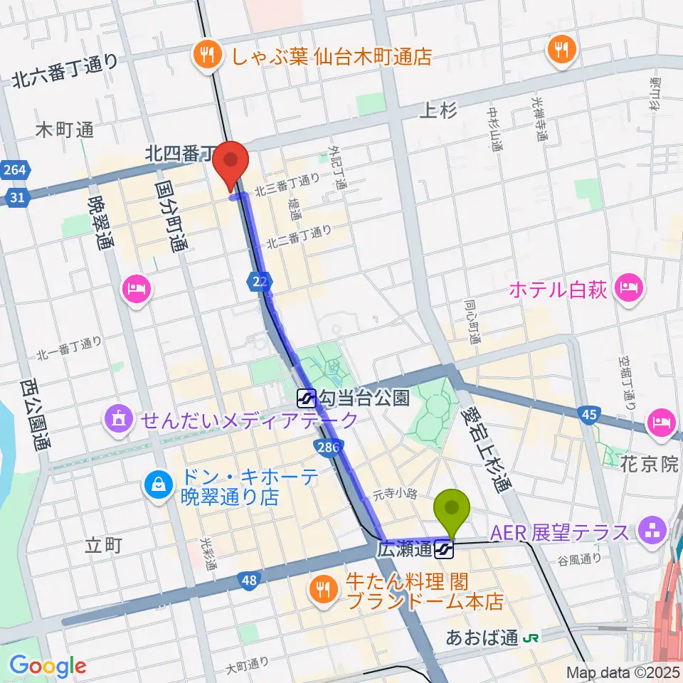 広瀬通駅から仙台ミュージックプラザへのルートマップ地図