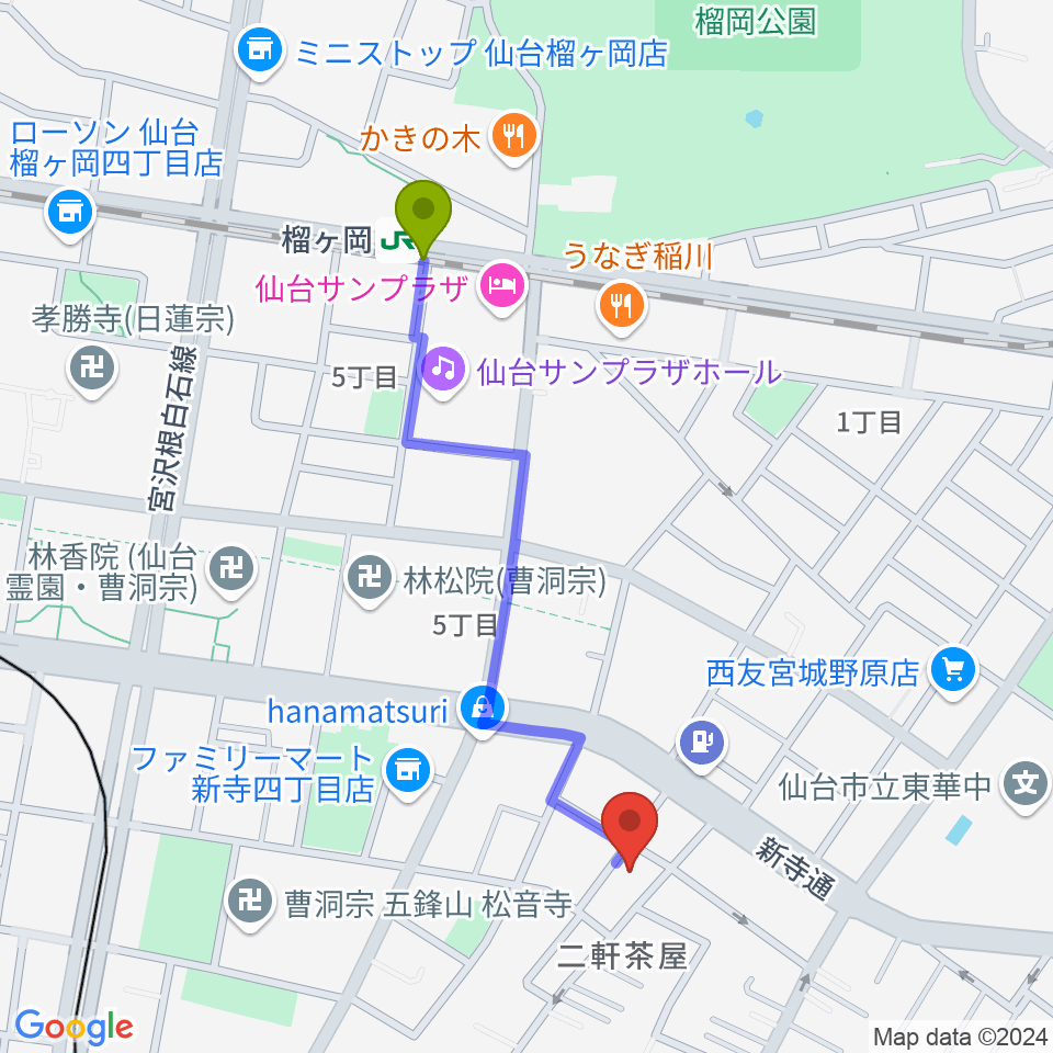 榴ケ岡駅から内山ヒロミピアノ教室へのルートマップ地図