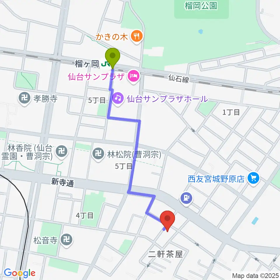 榴ケ岡駅から内山ヒロミピアノ教室へのルートマップ地図