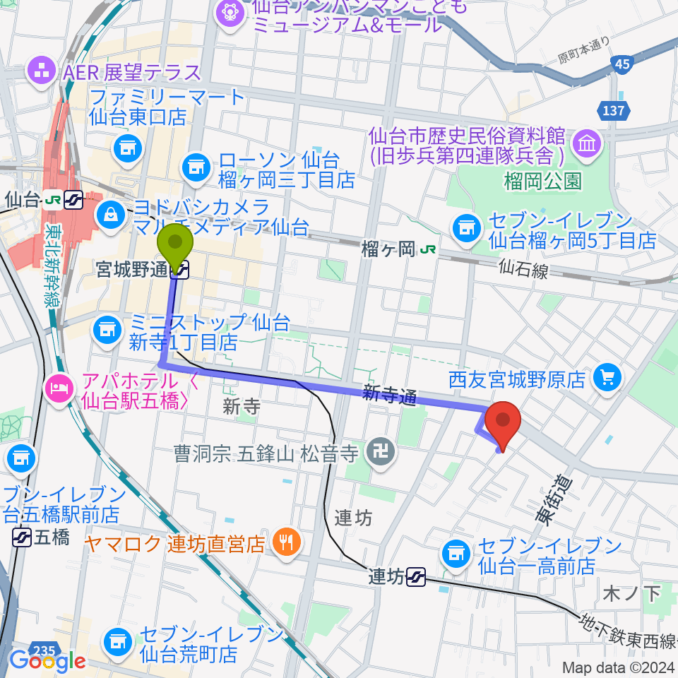 宮城野通駅から内山ヒロミピアノ教室へのルートマップ地図