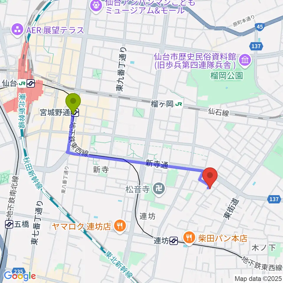 宮城野通駅から内山ヒロミピアノ教室へのルートマップ地図