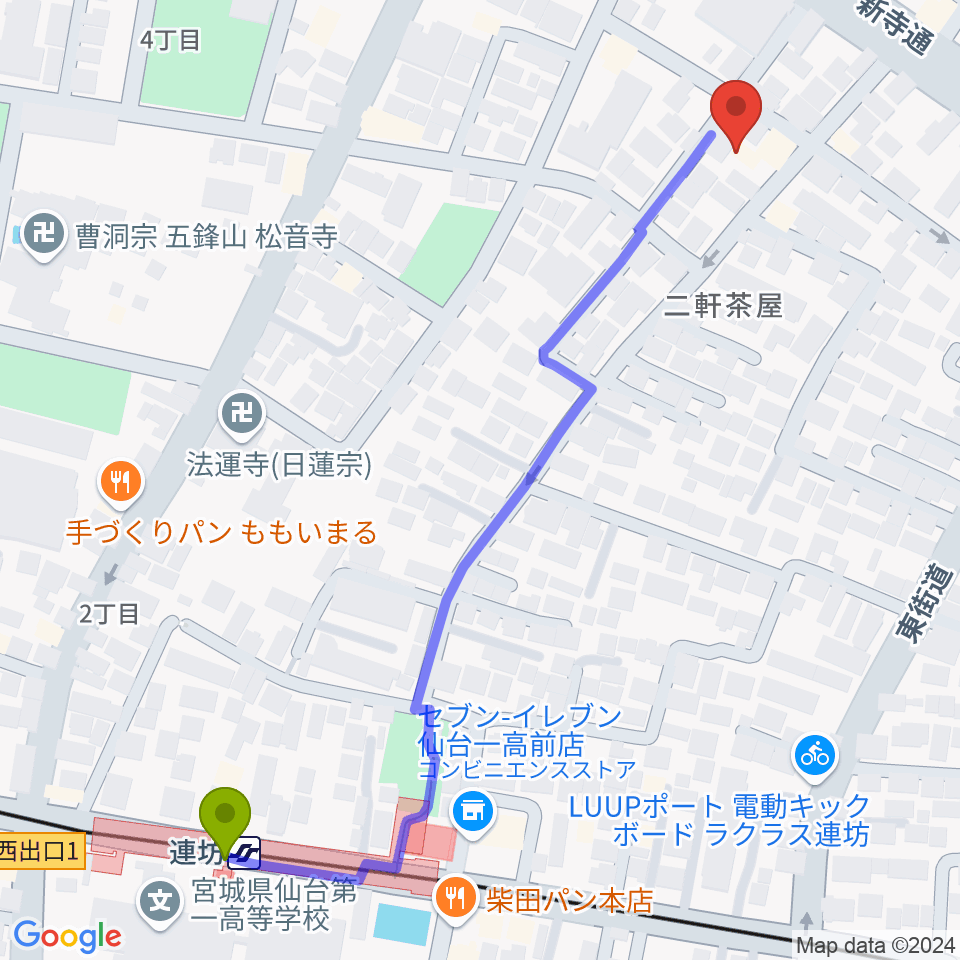 内山ヒロミピアノ教室の最寄駅連坊駅からの徒歩ルート（約7分）地図