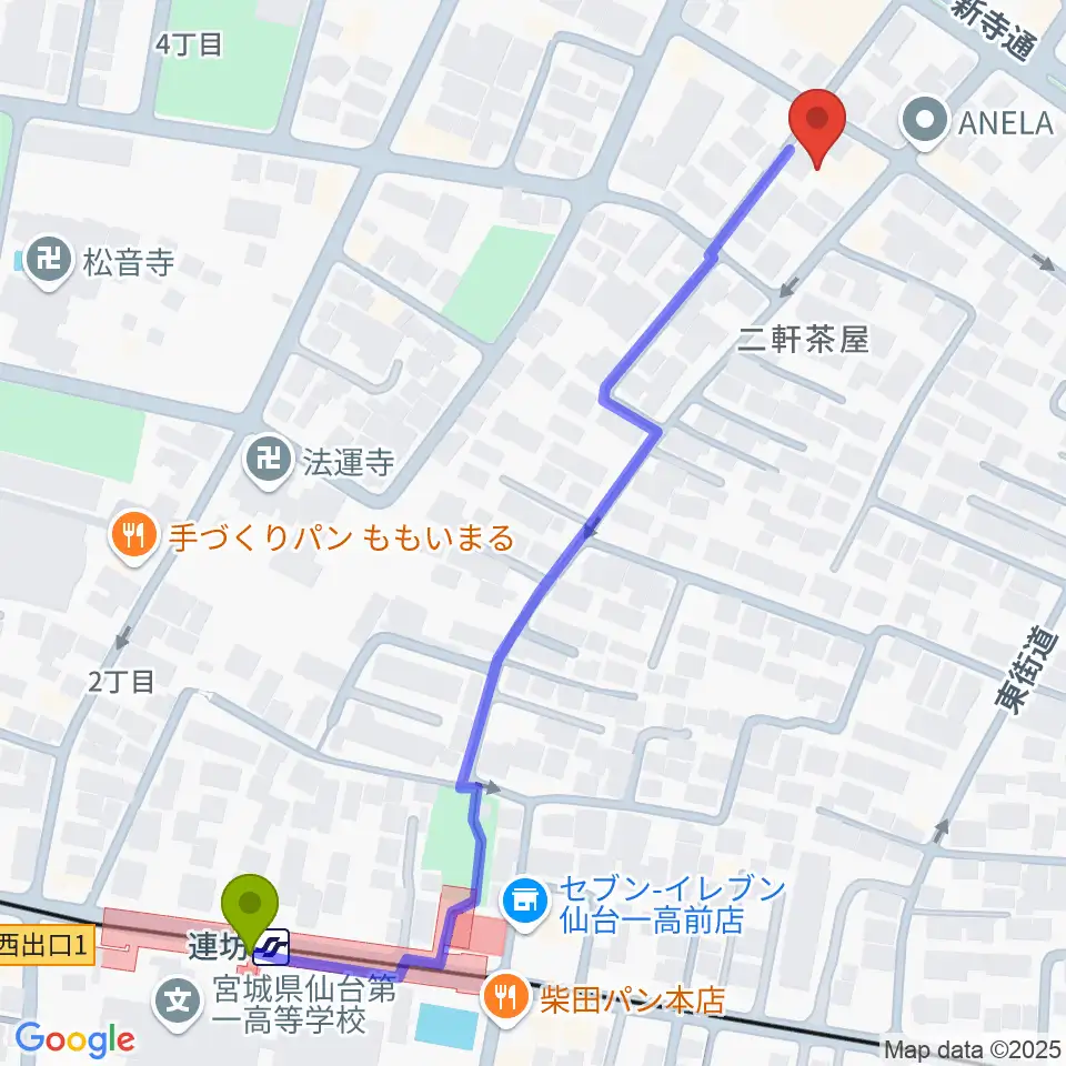 内山ヒロミピアノ教室の最寄駅連坊駅からの徒歩ルート（約7分）地図