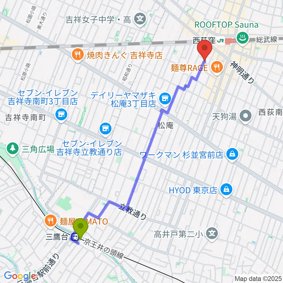 三鷹台駅からベルク・バイオリン工房へのルートマップ地図