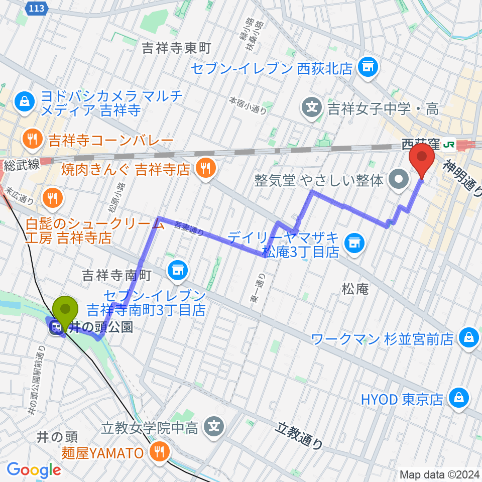 井の頭公園駅からベルク・バイオリン工房へのルートマップ地図