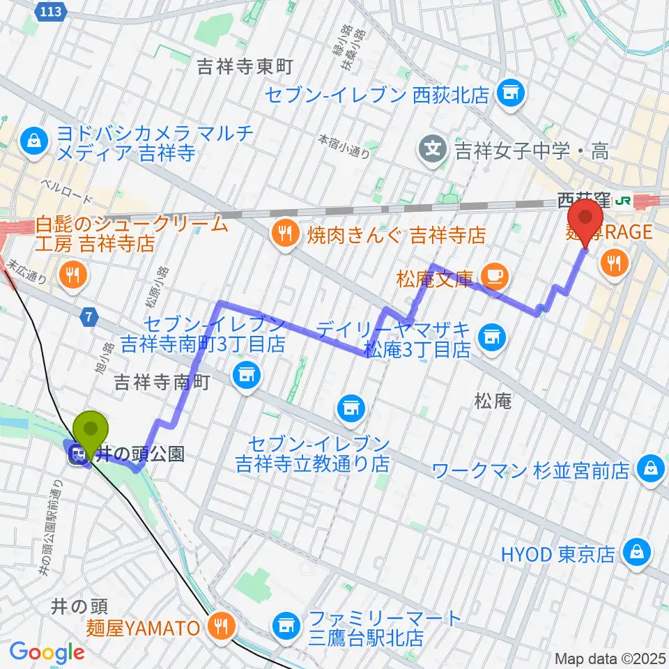 井の頭公園駅からベルク・バイオリン工房へのルートマップ地図