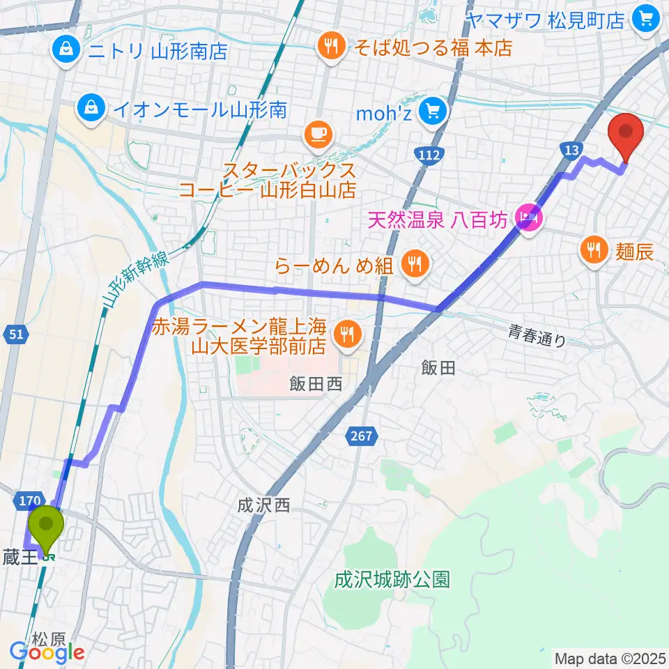 蔵王駅からほしの音楽教室へのルートマップ地図