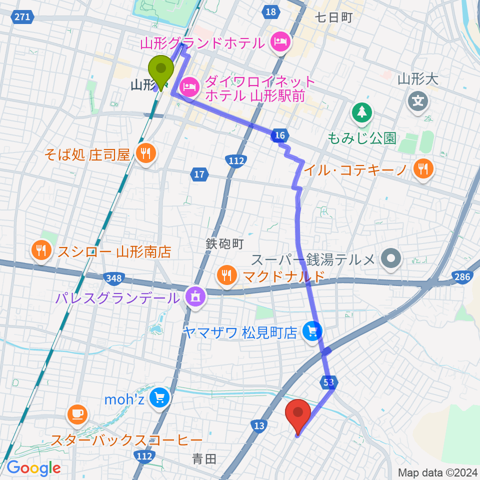 ほしの音楽教室の最寄駅山形駅からの徒歩ルート（約46分）地図