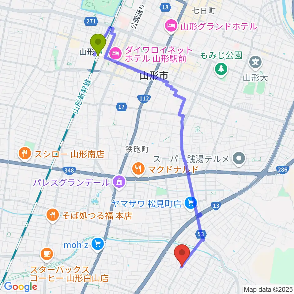 ほしの音楽教室の最寄駅山形駅からの徒歩ルート（約46分）地図