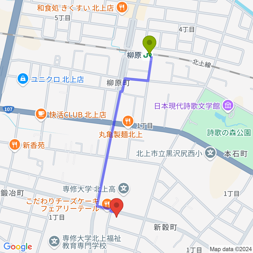 玉山音楽教室の最寄駅柳原駅からの徒歩ルート（約10分）地図