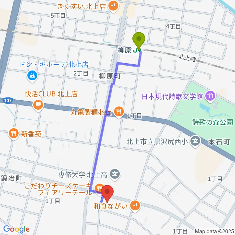 玉山音楽教室の最寄駅柳原駅からの徒歩ルート（約10分）地図