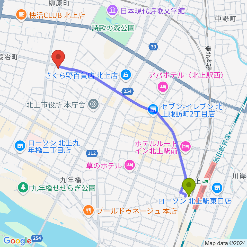 北上駅から玉山音楽教室へのルートマップ地図