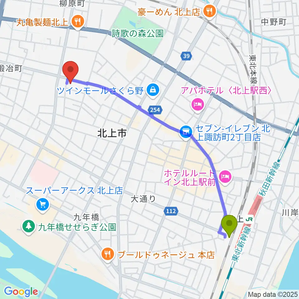 北上駅から玉山音楽教室へのルートマップ地図